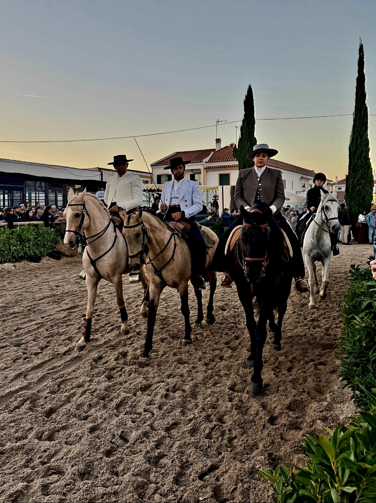 Drei Männer auf Pferden auf dem Pferdefest Feira Nacional do Cavalo in Golega.
